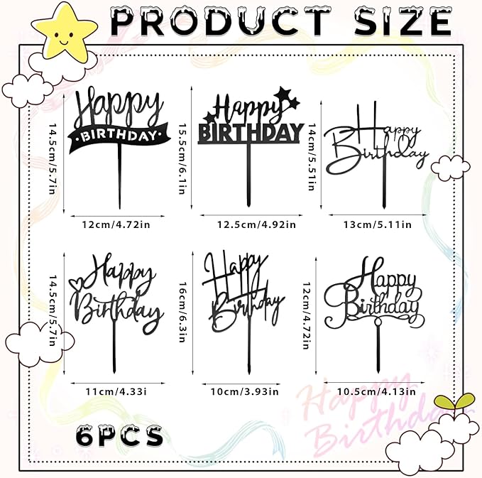 6 Pcs Acrylic Happy Birthday Signs - Black Cake Toppers for Cake Decorations - Personalized Cupcake Toppers & Inserts