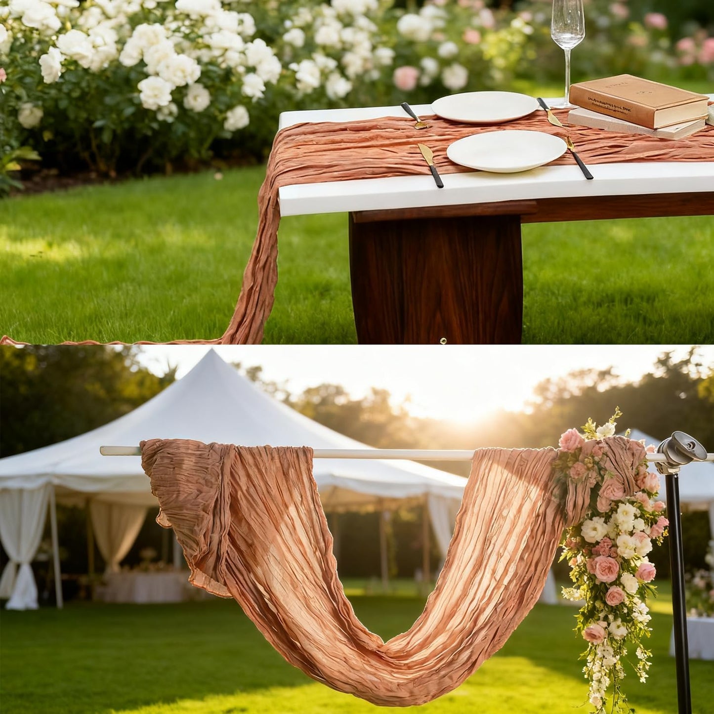 6 Pack Dusty Pink Cheesecloth Table Runner 120 Inch Boho Gauze Table Runner, Rustic Sheer Cheese Cloth Fabric Table Runners for Parties, Baby Shower, Birthday and Weddings