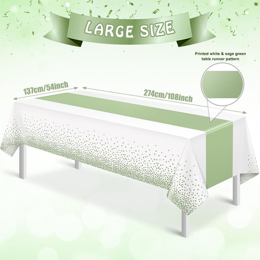 6Pcs White and Sage Green Tablecloth Decorations,Plastic White Table Cloth Printed Green Table Runner Disposable Rectangle Table Cover for Birthday Wedding Anniversary Graduation Party,54 x108 Inch