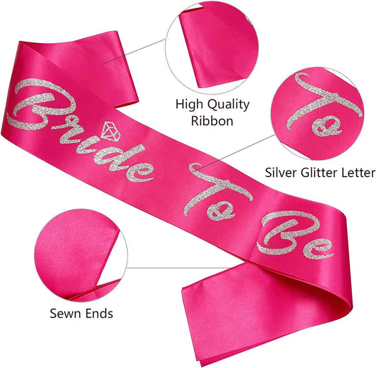 Bride and Groom to Be Sash Set, Black and Hot Pink Satin Soft Sashes with Silver Glitter Letter for Bridal Shower Engagement Bachelorette Party Decorations Supplies