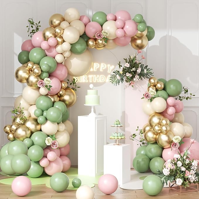 160pcs Baby in Bloom Balloon Arch Kit, Sage Green and Pink White Sand Metallic Gold Balloons for Baby in Bloom Spring Baby Shower Mother's Day Boho Birthday Party Decoration