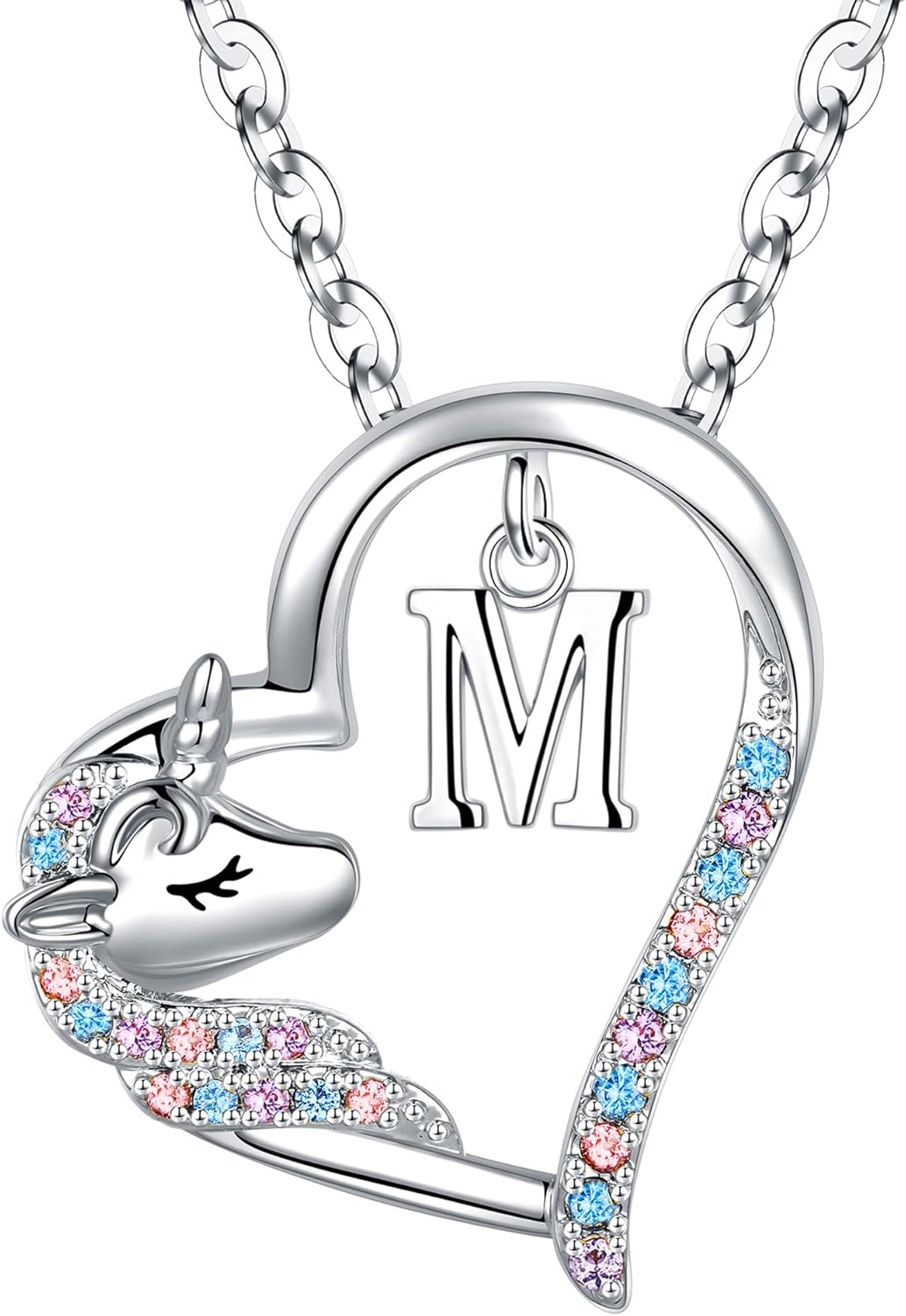 Anoup Unicorn Gifts for Girls Necklace - Colorful CZ Heart Pendant A-Z Initial Necklaces Cute Unicorns Jewelry Birthday Gift for Girl