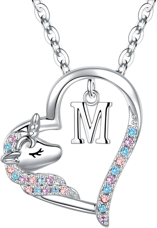 Anoup Unicorn Gifts for Girls Necklace - Colorful CZ Heart Pendant A-Z Initial Necklaces Cute Unicorns Jewelry Birthday Gift for Girl
