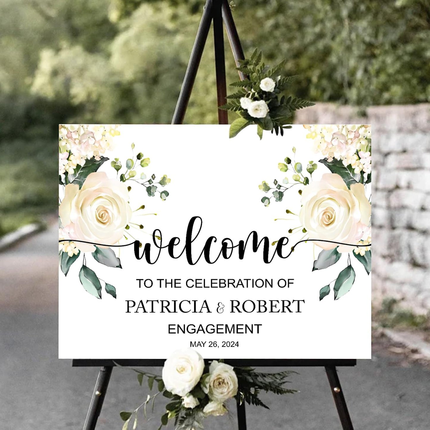 White Rose Welcome Engagement Party Sign, Horizontal Engagement Sign, 12x18 inches, Plastic, Full Size
