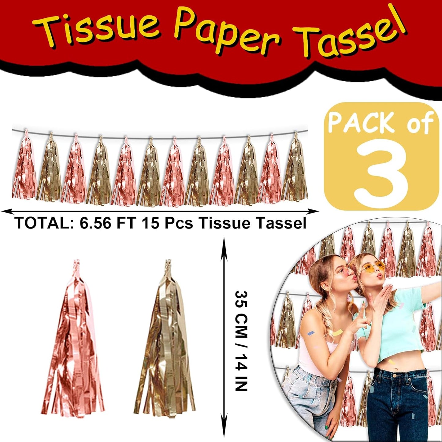 3P Rose Champagne Gold Tassel Banner Garland Metallic Foil Fringe Banner Tinsel Tassels Streamer Banner Backdrop for Parade Floats, Graduation Decorations, Wedding Party Decoration