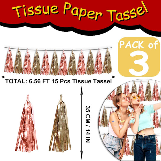 3P Rose Champagne Gold Tassel Banner Garland Metallic Foil Fringe Banner Tinsel Tassels Streamer Banner Backdrop for Parade Floats, Graduation Decorations, Wedding Party Decoration