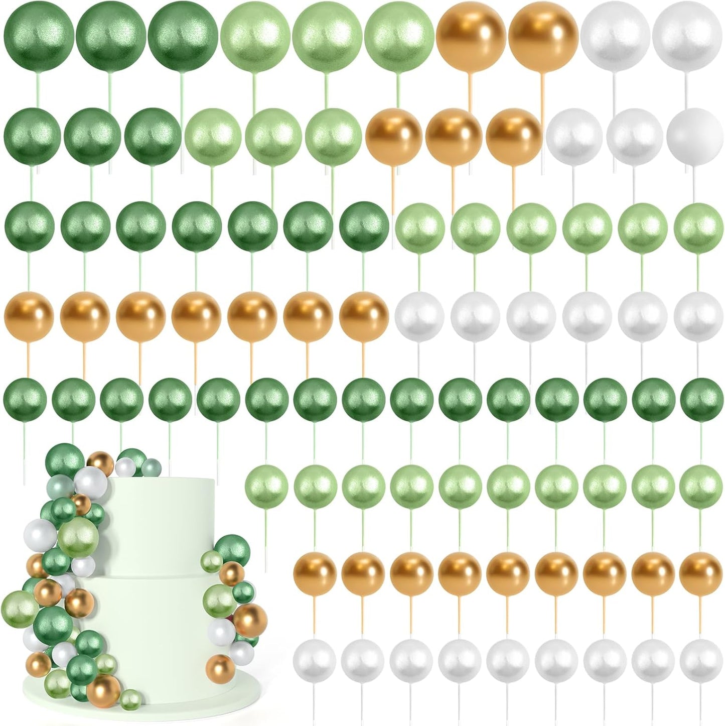 138 Pcs Balls Cake Topper Decorations Balloon Cupcake Toppers Foam Multisize Cake Topper Balls for Birthday Party Wedding Anniversary(Assorted Green,White,Gold)