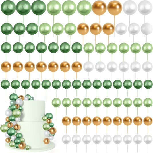 138 Pcs Balls Cake Topper Decorations Balloon Cupcake Toppers Foam Multisize Cake Topper Balls for Birthday Party Wedding Anniversary(Assorted Green,White,Gold)