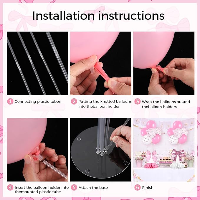 6 Set Pink Bow Birthday Decoration for Table Baby Girl Shower Decorations Pink Bow Balloon Table Centerpiece with Balloons Stand Kit Honeycomb Centerpiece for Girls Birthday Wedding Party Supply
