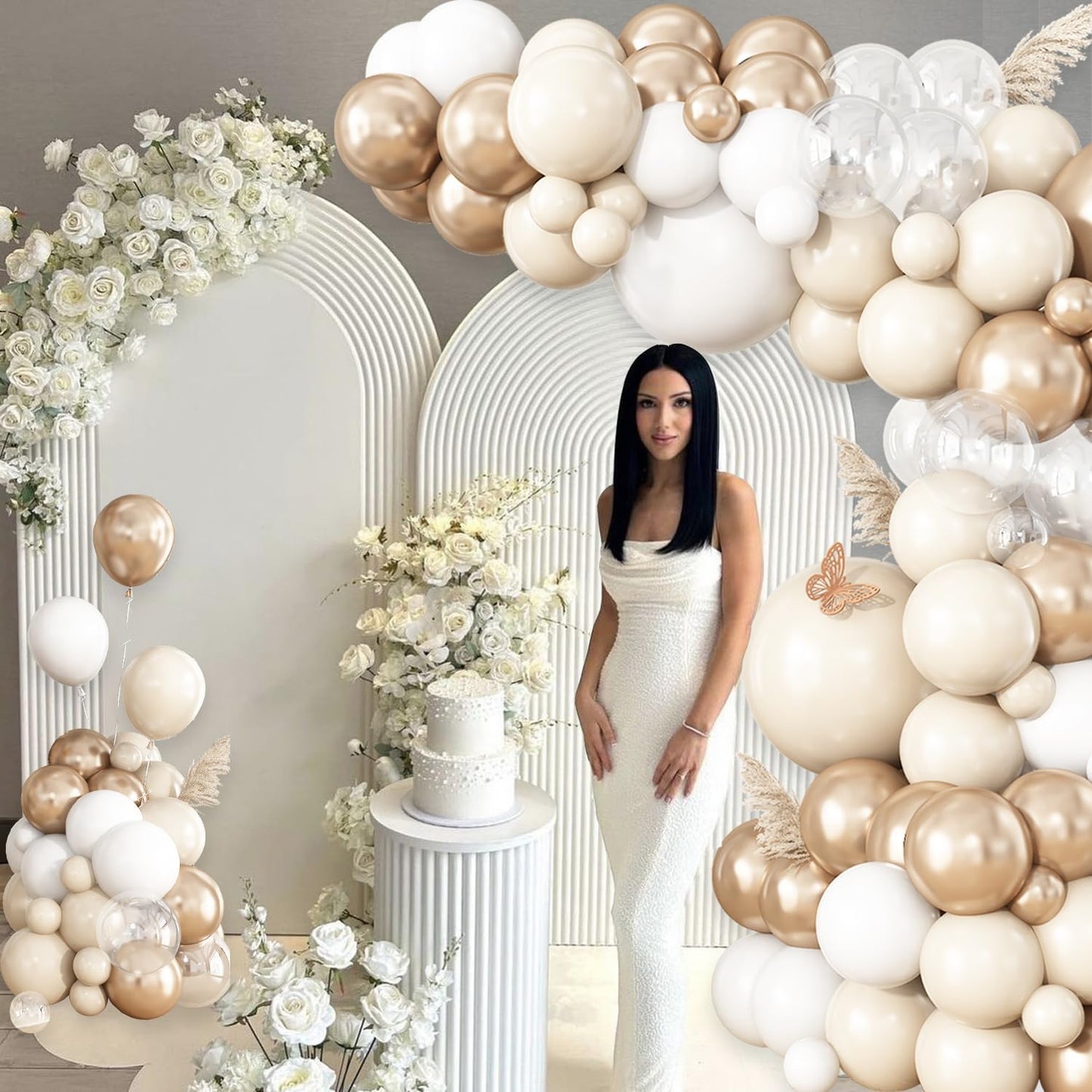 White Sand Champagne Gold Balloon Garland Arch Kit, 148Pcs Neutral Clear Balloons for Baby Shower Wedding Bridal Shower Anniversary Engagement Birthday Party Decorations
