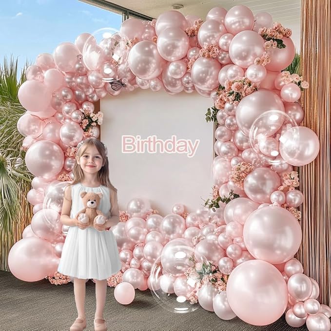 Pearl Pink Balloon Arch Double Stuffed Pastel Light Baby Pink Balloon Garland Different Sizes With Clear Balloons for Birthday Wedding Valentines Day Bridal Baby Shower Engagement Party Decor