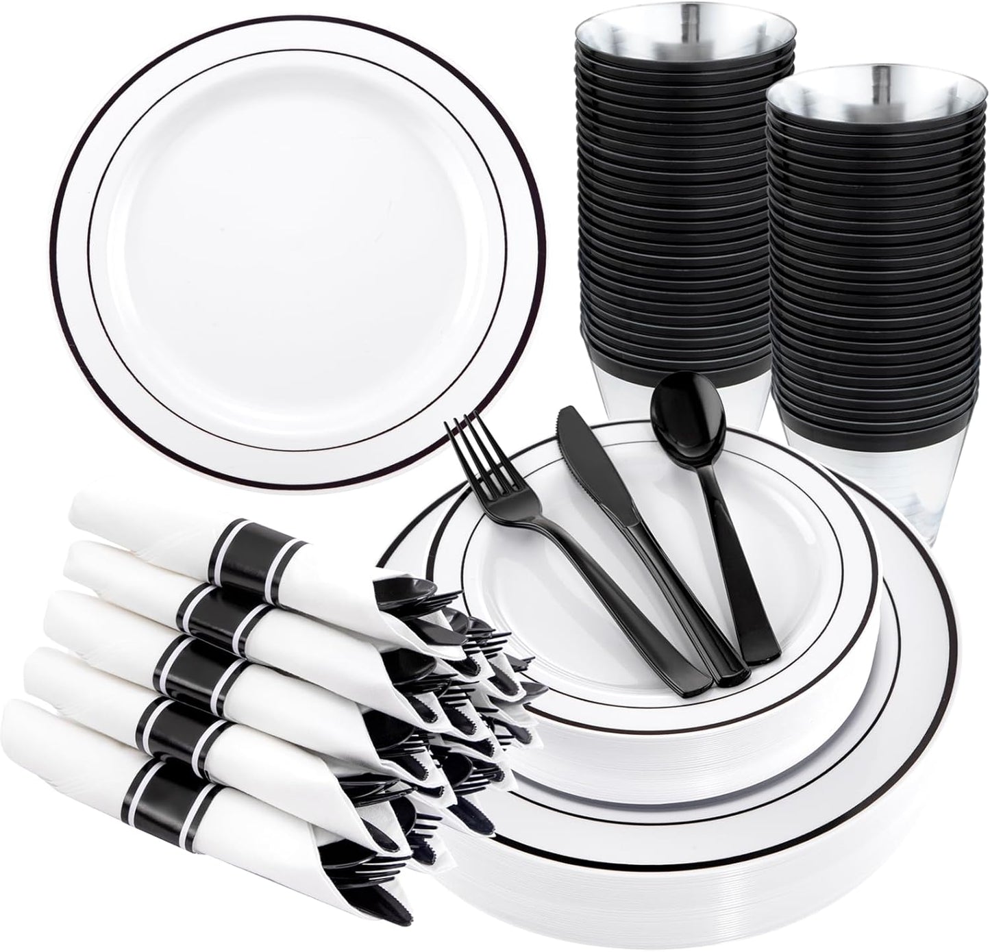 WELLIFE 210Pcs Black Plastic Dinnerware with Pre Rolled Napkins, Include:30 Dinner Plates, 30 Dessert Plates, 30 Paper Napkins, 30 Cups, 90 Plastic Cutlery