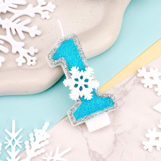 Frozen Themed Birthday Candles Party Decorations, Blue and Silver Number 1 Birthday Candle, Happy Birthday Candle for Cake, Snowflake Cake Topper Decoration for 1st 1 Year Old Party Favor Supplies