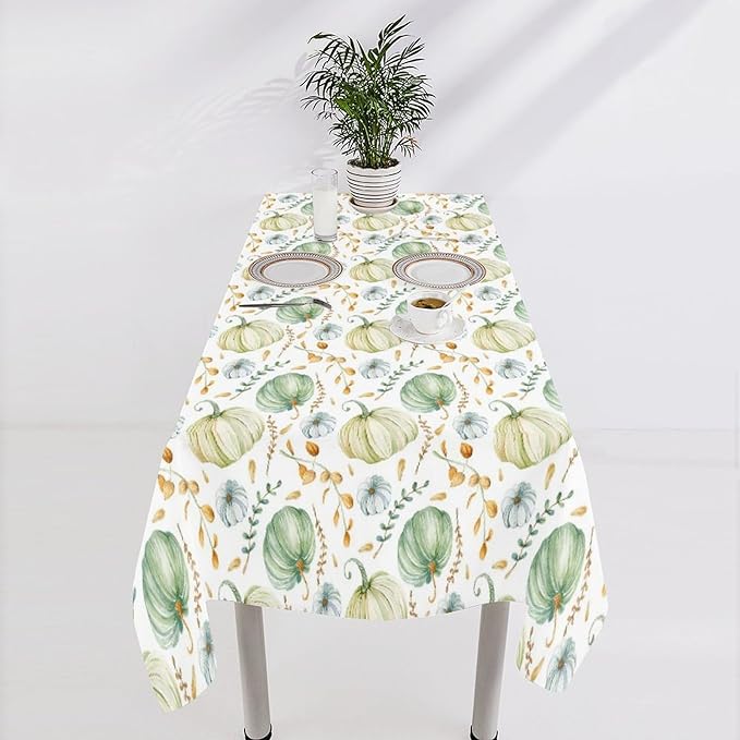 YCness Fall Tablecloth, Thanksgiving Autumn Harvest Watercolor Blue Green Pumpkin Orange Leaf Table Cover for Party Picnic Dinner 60x110 Inch Rectangle