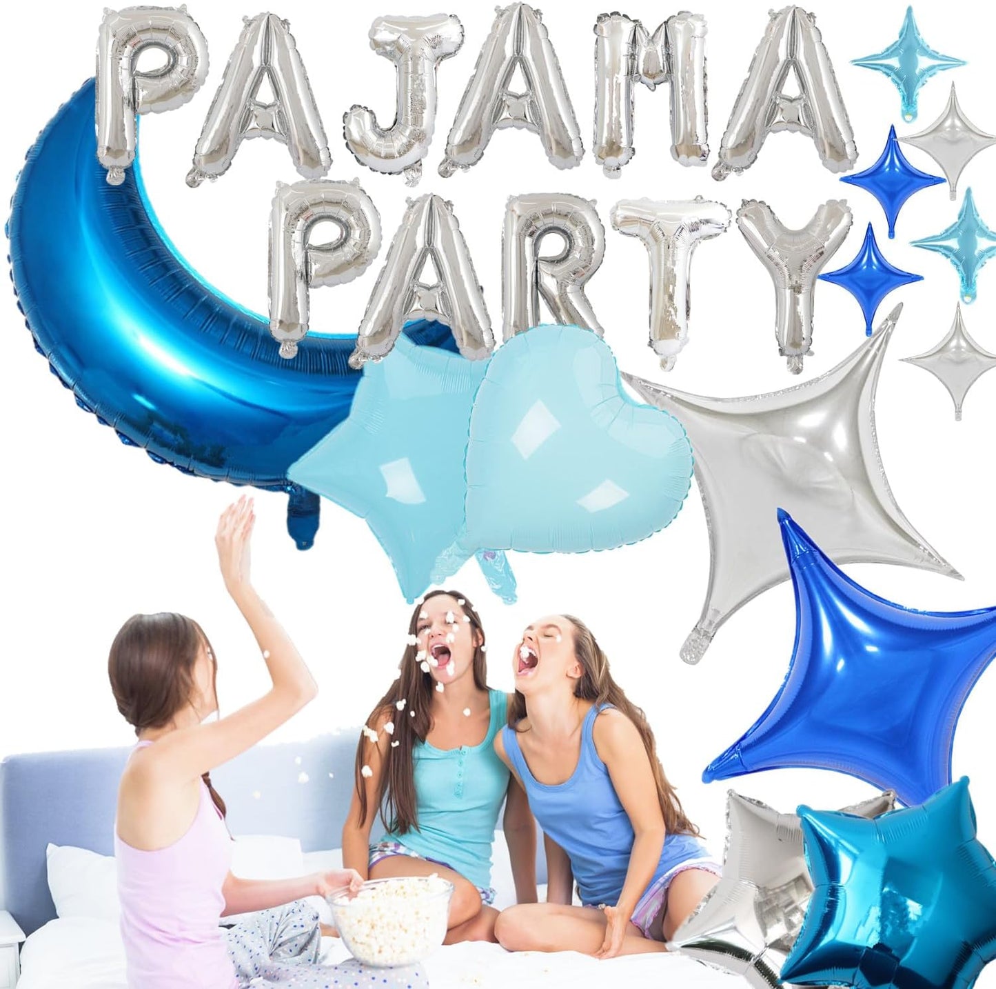 44 Pieces PAJAMA PARTY Balloons Blue Moon Star Heart Aluminum Foil Balloons Silver Latex Balloons for Girls Women Boys Slumber Party Sleepover Birthday Party Spa Party Decoration (Blue)