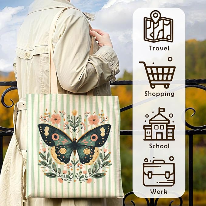 Green Butterfly Floral Tote Bag for Women,Butterfly Canvas Tote Bag for Girls,Green and White Striped Farmhouse Botanical Aesthetic Reusable Shopping Grocery Bags Party Favors