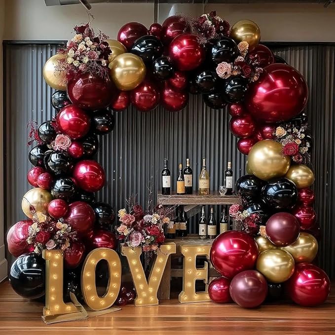 Burgundy Black Gold Balloon Garland Double Stuffed Dark Red Gold Maroon Black Balloon Arch Kit for Birthday Graduation Anniversary Prom Party Decoration