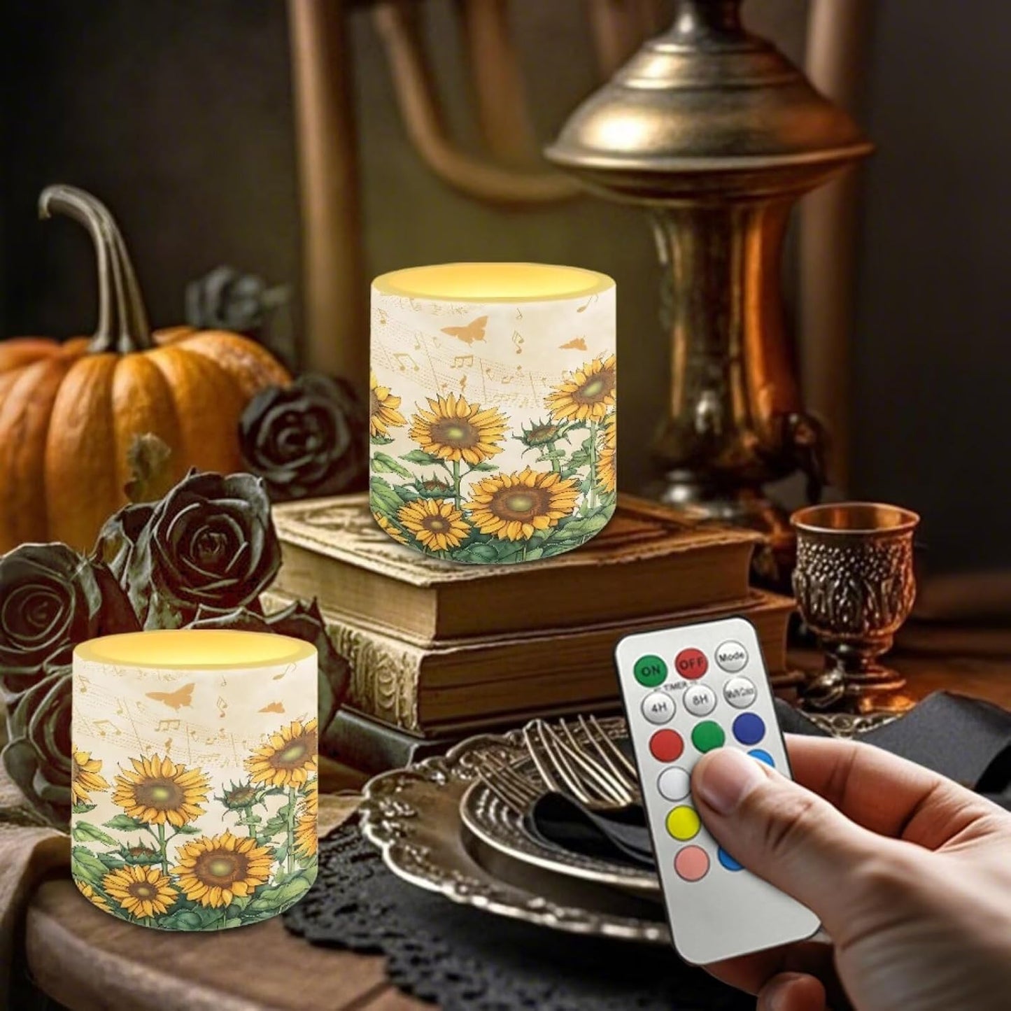 Poceacles Battery Operated LED Candles Set of 4 Remote and Timer Flameless Votive Candles, Multi-Color Flickering Tea Light for Home Parties Holidays Decor, Sunflower Butterfly Musical Note