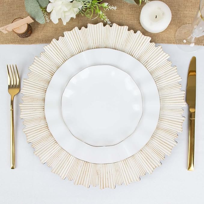 Efavormart 6 Pack | 13" Metallic Antique White Sunray Acrylic Plastic Serving Plates, Round Scalloped Rim Disposable Charger Plates