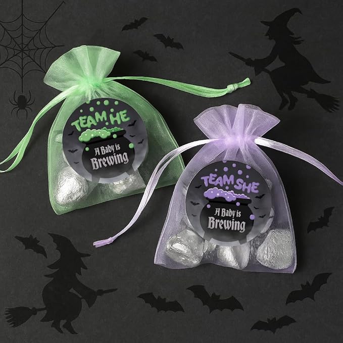 Baby is Brewing Halloween Gender Reveal Party - Bubbling Witch Cauldron Team He or Team She - 40 Stickers - Purple Green