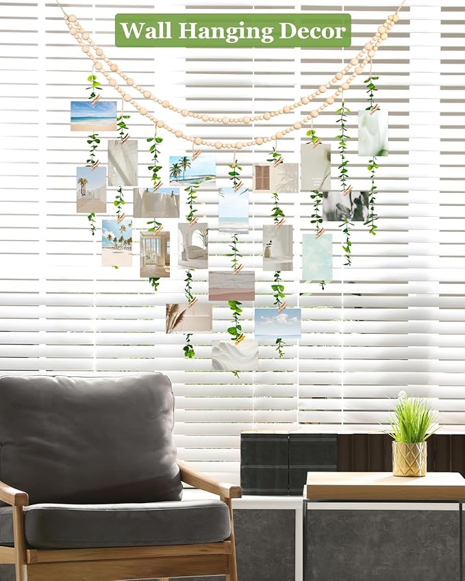 Boho Wall Decor with Photo Hanging Clips, Wooden Beads Garland with Greenery Eucalyptus Decor, Aesthetic Room Essentials for Bedroom, Office Cubicle, Home Wall Decoration