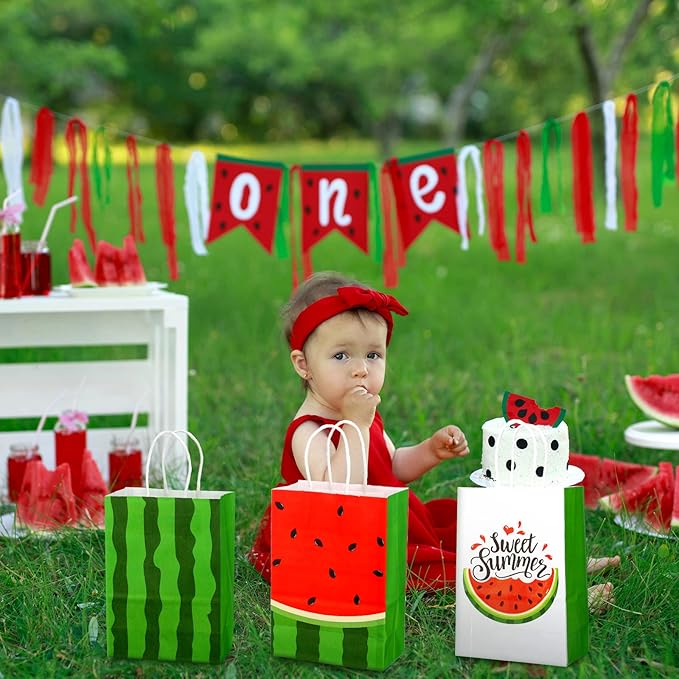 Outus 24 Pieces Watermelon Party Bags Watermelon Paper Goodie Bags Party Favor Bags Watermelon Treat Candy Bags Summer Fruit Birthday Party Supplies for Summer Pool Party Decorations