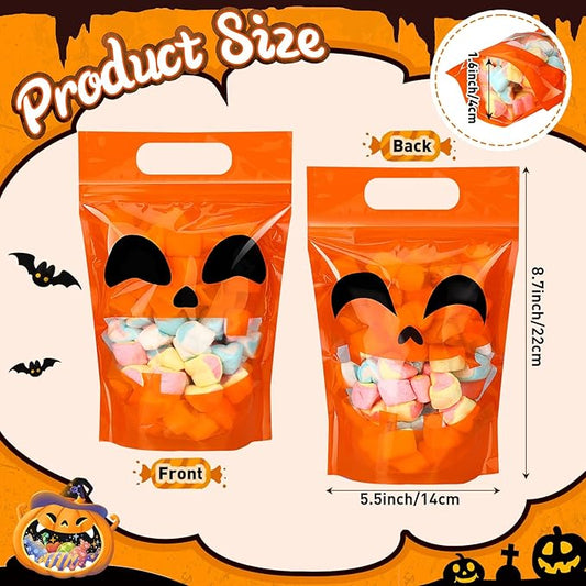 Blosssound 50 Pcs Halloween Plastic Bags Trick or Treat Sealed Bags with Handles Pumpkin Favor Pouches for Home Trick or Treat Party Candy Guests Gift Wrapping Supplies Decor (Halloween)