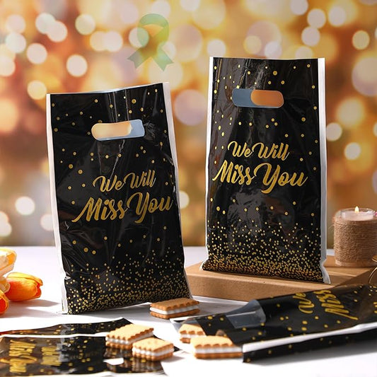 Supervitae 100 Pcs We Will Miss You Graduation Plastic Gift Bags Farewell Going Away Party Favor Bag Bulk with Handles for Birthday Graduation Farewell Snacks Goodie Candy Treat Leaving Party Supplies