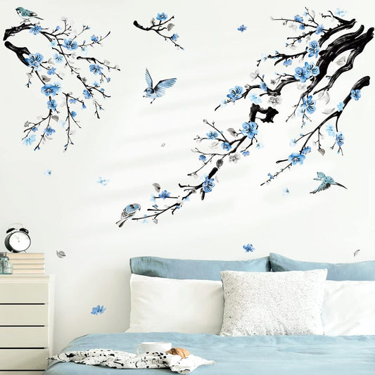wondever Watercolor Flower Tree Branch Wall Stickers Blossom Blue Floral Birds Peel and Stick Wall Art Decals for Living Room Bedroom
