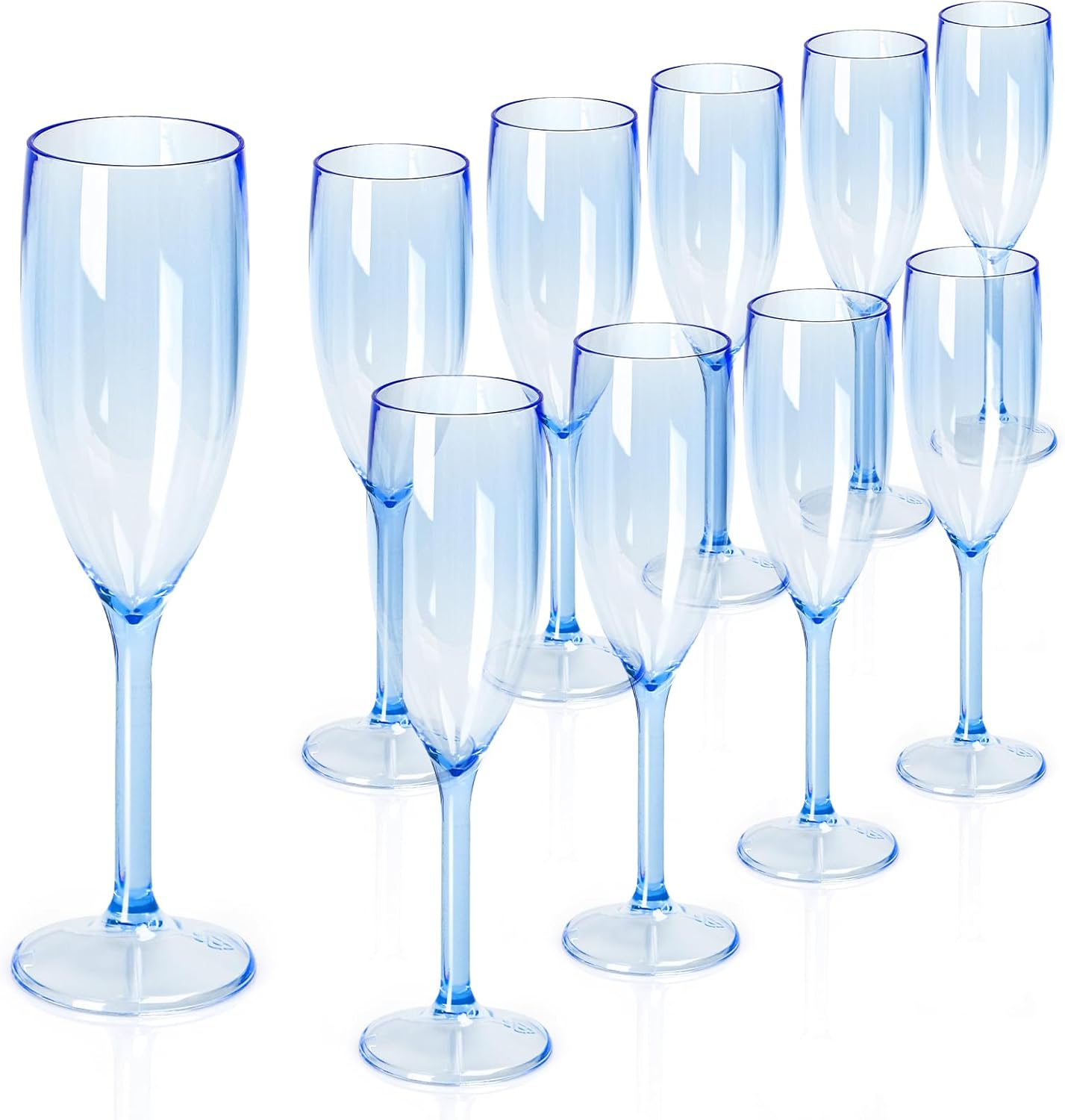 XUWAIDSGN 10 Pcs Champagne Flutes Plastic Wine Glasses Bulk Vintage Champagne Flutes Mimosa Bar Glasses Stemmed Drinking Cups 5.4OZ for Christmas Birthday Wedding Bride (10, Clear blue)