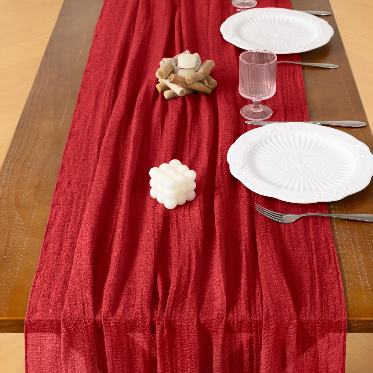 Socomi 3pcs Red Cheesecloth Table Runner Fall Thanksgiving Gauze 120 Inch Rustic Boho Cheese Cloth Runner for Wedding Party Baby Bridal Shower Centerpiece Decoration Holiday Home Decorations