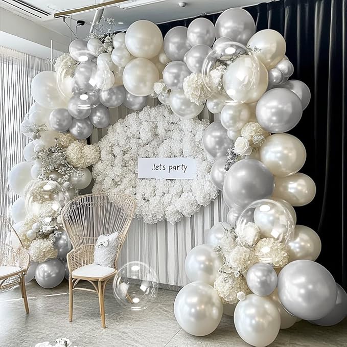 Silver Balloon Arch Kit Double Stuffed Pearl Metallic Silver Balloon Garland Different Size With Clear Balloons for Birthday Valentines Day Engagement Wedding Bridal Baby Shower Graduation Party Decor