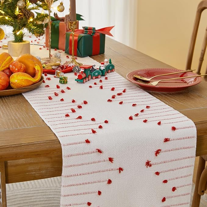 Wracra Christmas Table Runner, Natural Cotton Woven Macrame Table Runners 60 Inches Long for Christmas Decorations,Modern Farmhouse Woven Home Decor, 14x60 Inch, Red