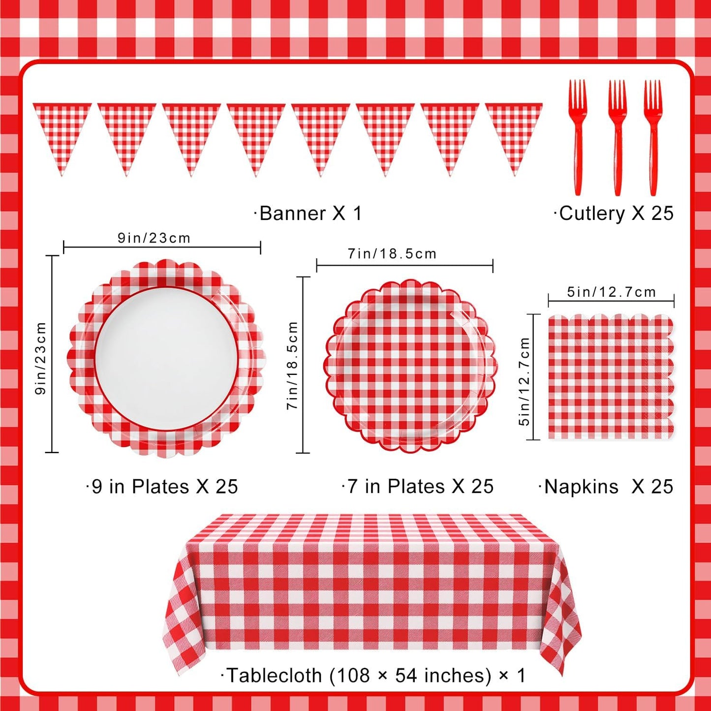 102 PCS Red Gingham Party Supplies - Scalloped Plates, Napkins, Cups, Forks, Banner, Gingham Tablecloth for Baby Shower, Birthday, Picnic Party Decorations, Serves 25