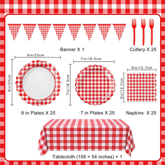 102 PCS Red Gingham Party Supplies - Scalloped Plates, Napkins, Cups, Forks, Banner, Gingham Tablecloth for Baby Shower, Birthday, Picnic Party Decorations, Serves 25