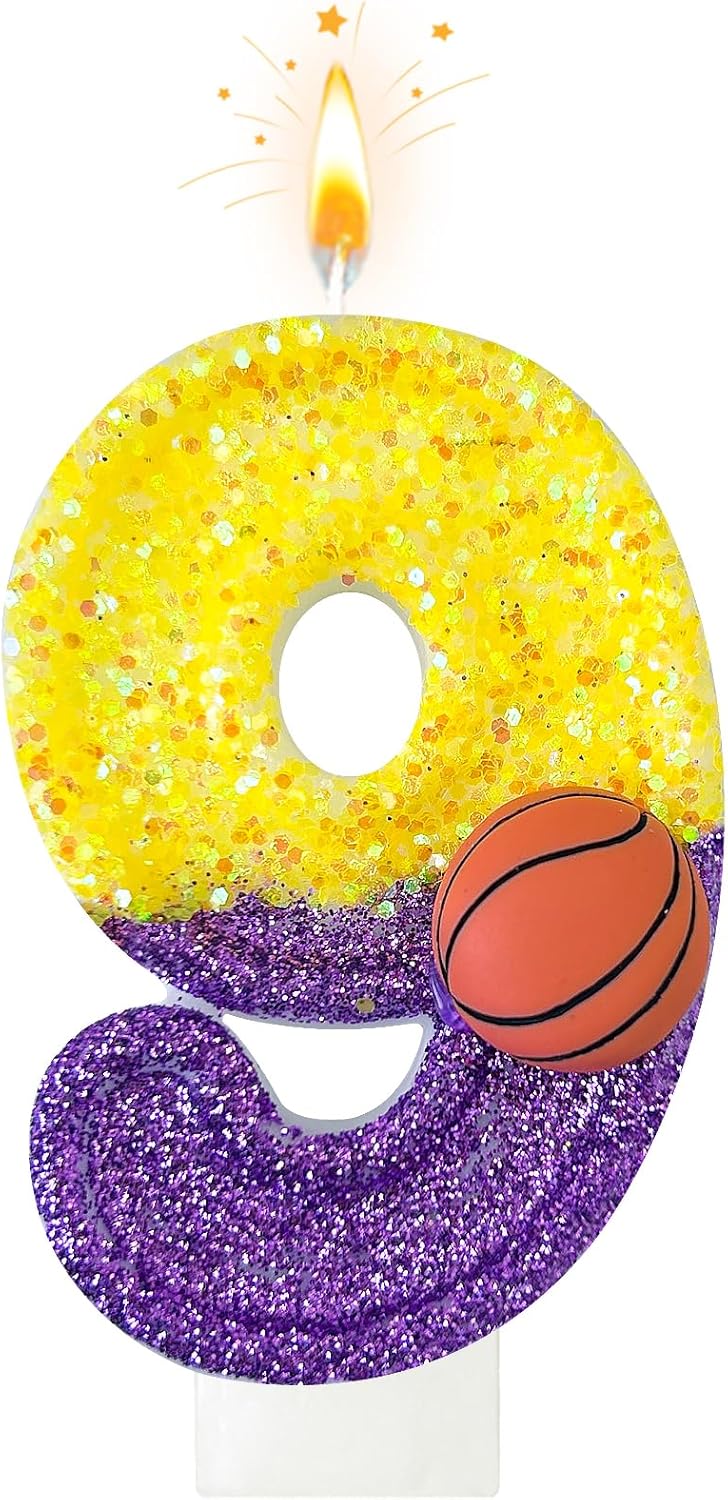 HXOUSE Basketball Number 9 Birthday Candles - Purple Gold Birthday Candles for Cake, 9 Candle for Basketball Theme Cake Topper, Boys Sport Party Decorations Gifts (No.9)