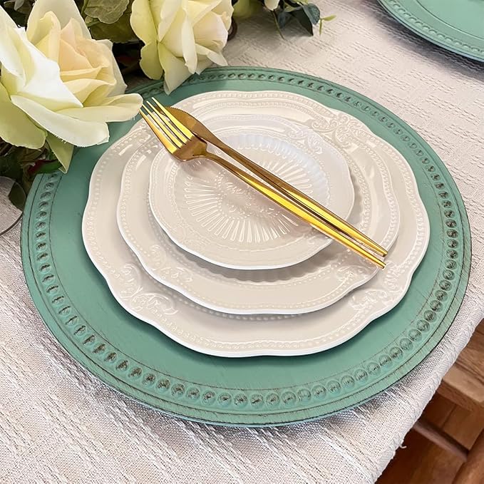 Antique Green Charger Plates,13 Inch Vintage Dinner Plate Chargers Round Server Ware.Set of 6 Plastic Beaded Chargers for Dinner Plates, Party, Wedding(Turquoise)