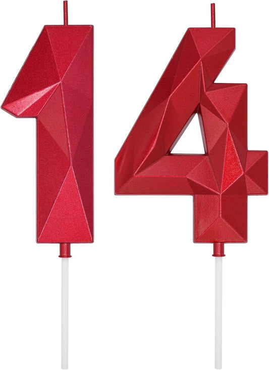DERVENTA Birthday Candles Big Numbers 3D Red 3.7 inch Party Cake Topper 1 Piece (Number 14 Red)