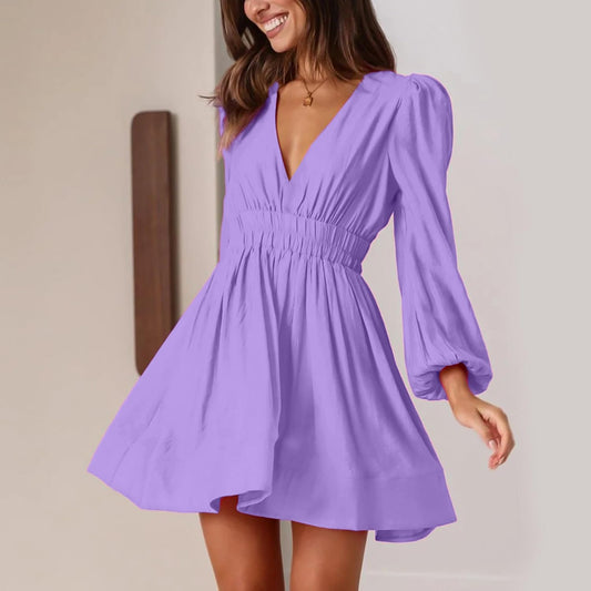 FAIABLE Mini Deep V Sexy Long Sleeve Dress for Women A-line High Waisted Casual Flowy Dress for Cocktail Wedding Guest