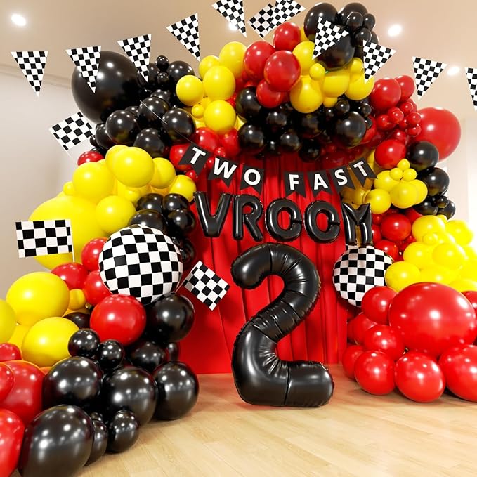 Race Car Balloons Arch Kit - 156Pcs Race Car Balloon Birthday Party Supplies, Banner, VROOM, Number 2 Foil Balloon Garland Kit for Racing Car Theme Two Fast 2nd Boy Birthday Party Decorations
