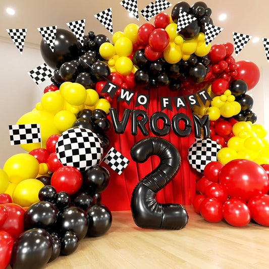 Race Car Balloons Arch Kit - 156Pcs Race Car Balloon Birthday Party Supplies, Banner, VROOM, Number 2 Foil Balloon Garland Kit for Racing Car Theme Two Fast 2nd Boy Birthday Party Decorations
