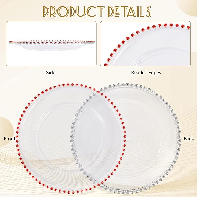 24 PCS Clear Round Charger Plates with Beaded Rim, 13 Inch Plastic Acrylic Plate, Plastic Round Beaded Dinner Decorative Service Plates for Wedding Party Event, Home Kitchen Tabletop(Red)