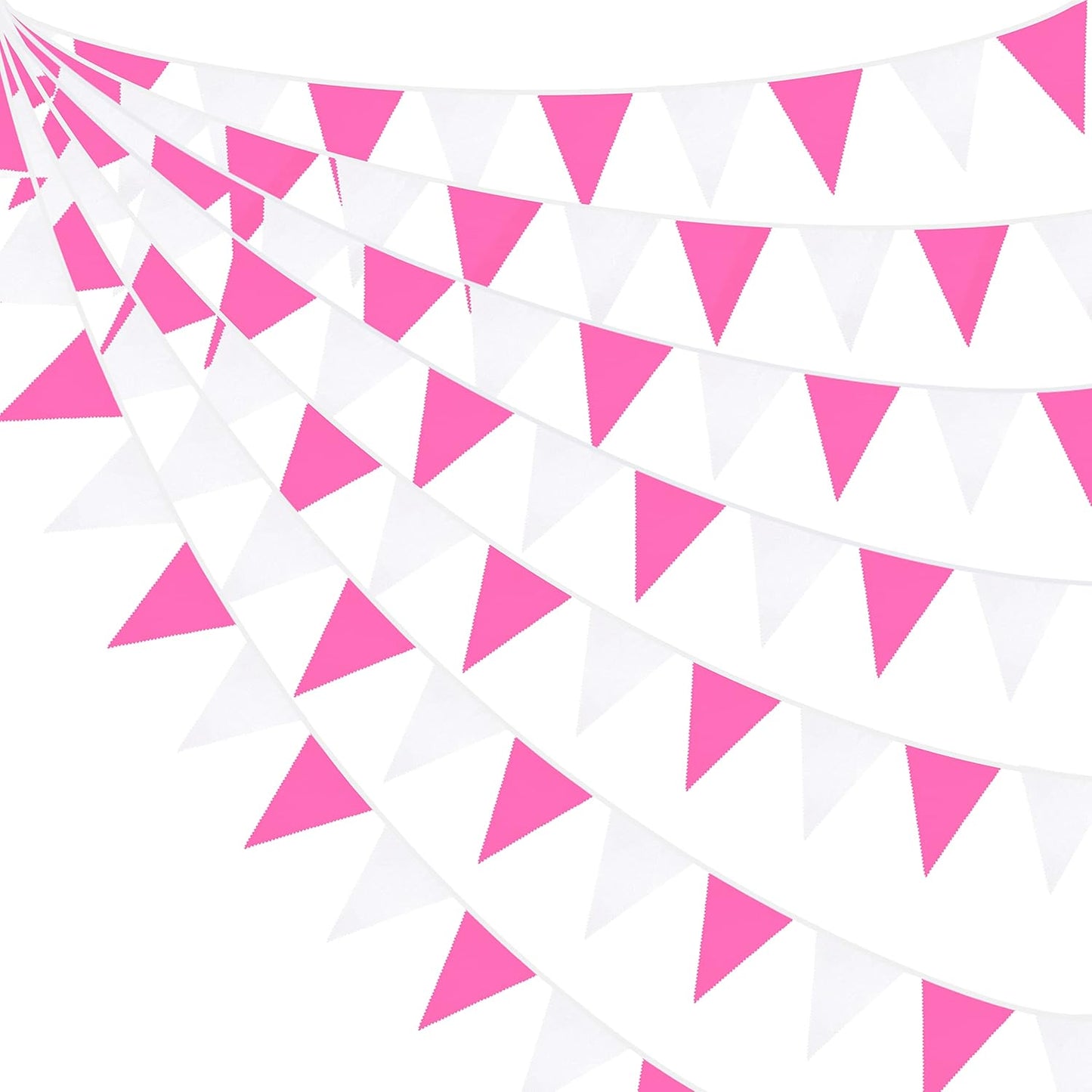 32Ft Rose Hot Pink White Pennant Banner Fabric Triangle Flag Cotton Bunting Garland Kit for Wedding Birthday Baby Shower Anniversary Party Home Nursery Outdoor Garden Hanging Festivals Decoration