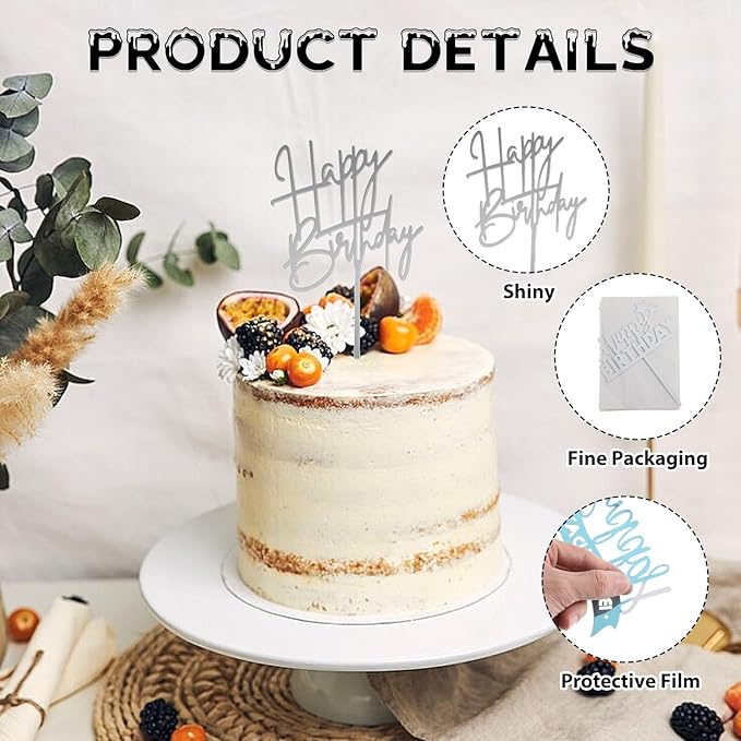 DIVINA VITAE 6 Pcs Silver Acrylic Happy Birthday Cake Toppers & Inserts - 6.29" W x 9.44" H - Perfect for Cupcakes, Cakes, Parties & More