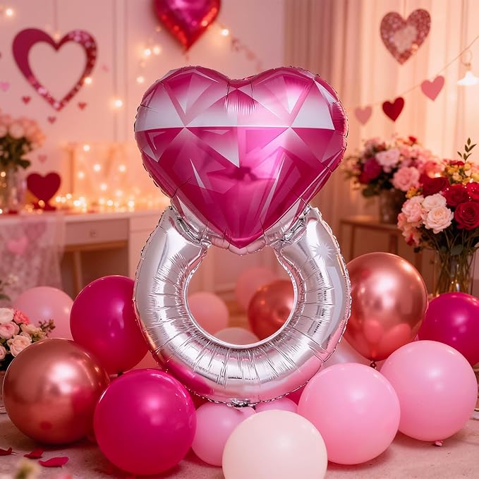 Valentines Day Balloon Arch Kit, Pink Rose Red Rose Gold Balloon Garland & I LOVE YOU/Love/Diamond Ring Foil Balloons for Galentines Mothers Day Wedding Engagement Anniversary Party Decorations