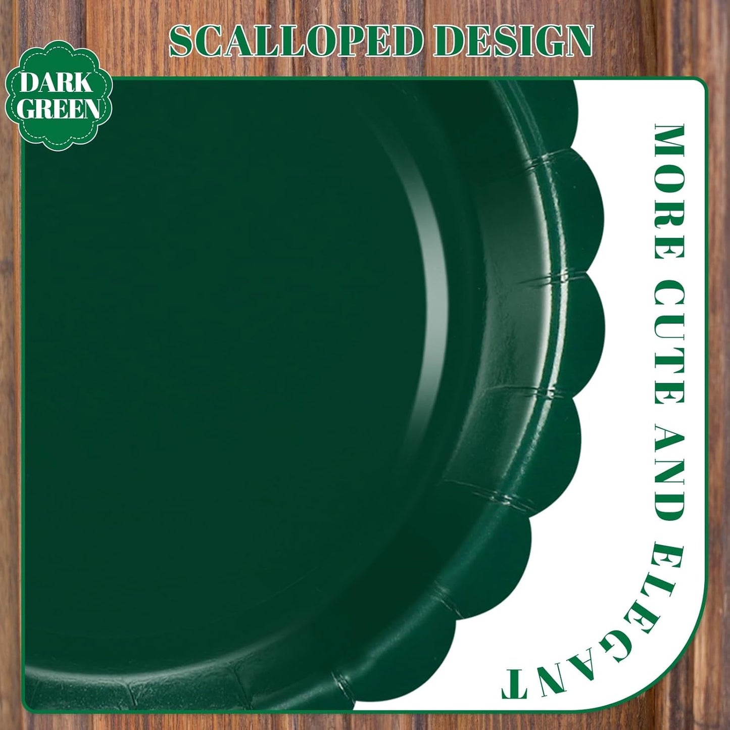30 Pcs Dark Green Plates Disposable 7 Inch Scalloped Christmas Paper Plates Dessert Cake Plate Cute Party Plate for Wedding, Birthday, Holiday