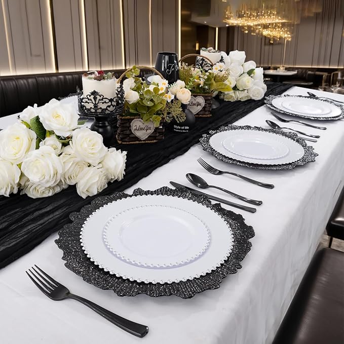 EI 50pcs Black Charger Plates With Reef High-end,13 Inch Black Chargers Heavy duty for Dinner Plates,Decorative Plate for Afternoon Tea,Wedding,Events,Business Events,Hotel Banquets