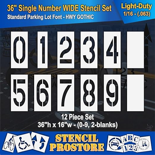 Pavement Stencils - 36 inch Number Stencil (Wide) Set (12 Pieces) - 0-9 - 36" x 16" x 1/16" (63 mil) - Light-Duty