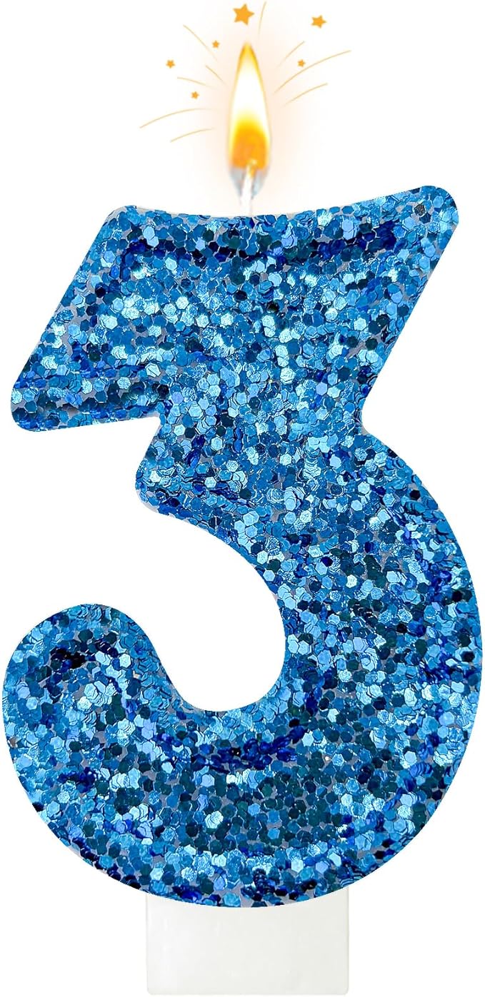Zailo Birthday Number Candles, Glitter Number Candle Cake Decorations with Sequins, Cupcake Decorations for Girls, Women, Party Anniversary Celebrations (Number 3, Blue)