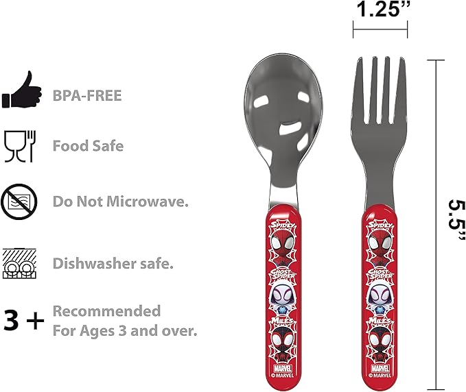 Zak Designs 5-Piece Dinnerware Set, Marvel Spidey and His Amazing Friends - Durable Plastic & Stainless Steel - Includes Water Bottle, Plate, Bowl, Fork & Spoon - Suitable for Kids Ages 3+